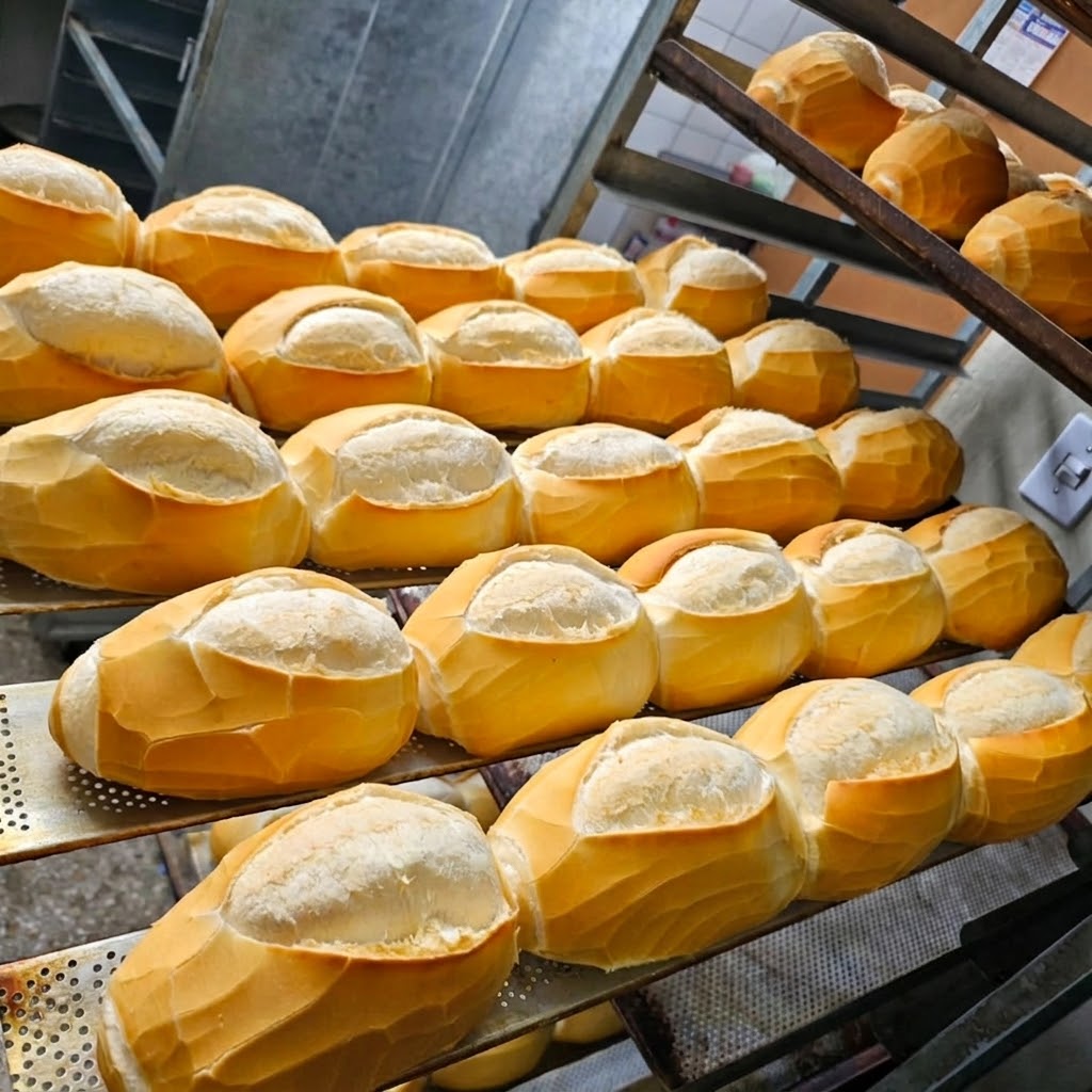 Fornada de pães franceses na prateleira