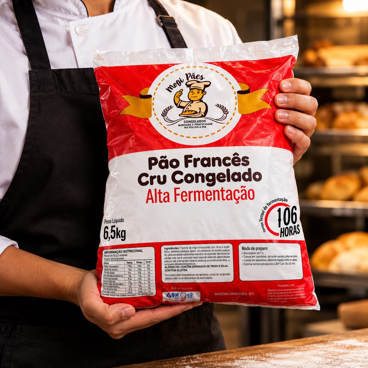 Pessoa segurando pacote de pão francês